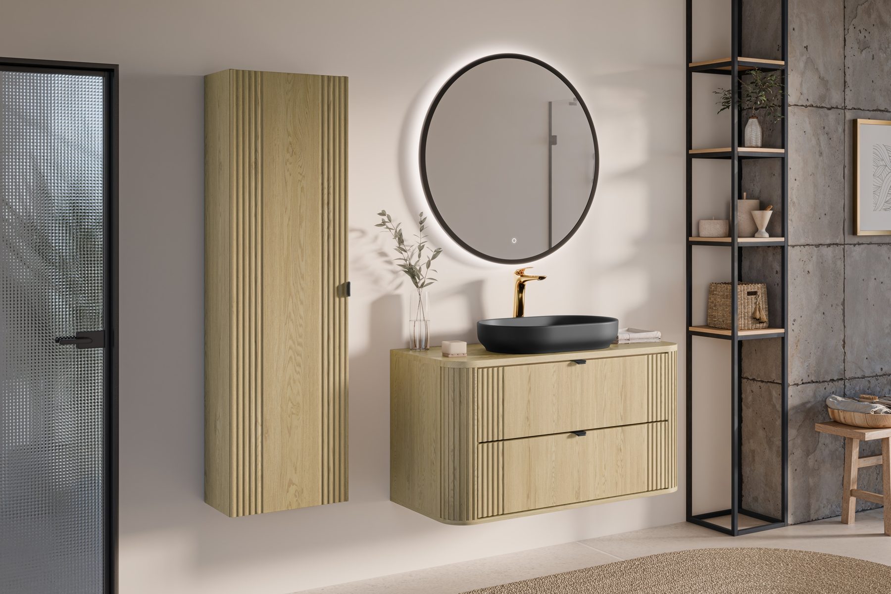 Ovalia Cremona avec vasque noire et miroir rond
