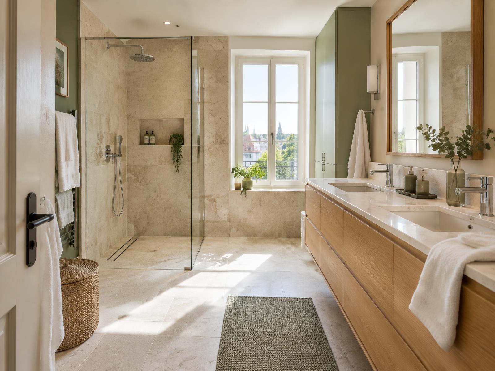 Salle de bain contemporaine avec douche à l’italienne, exemple de rénovation de salle de bain